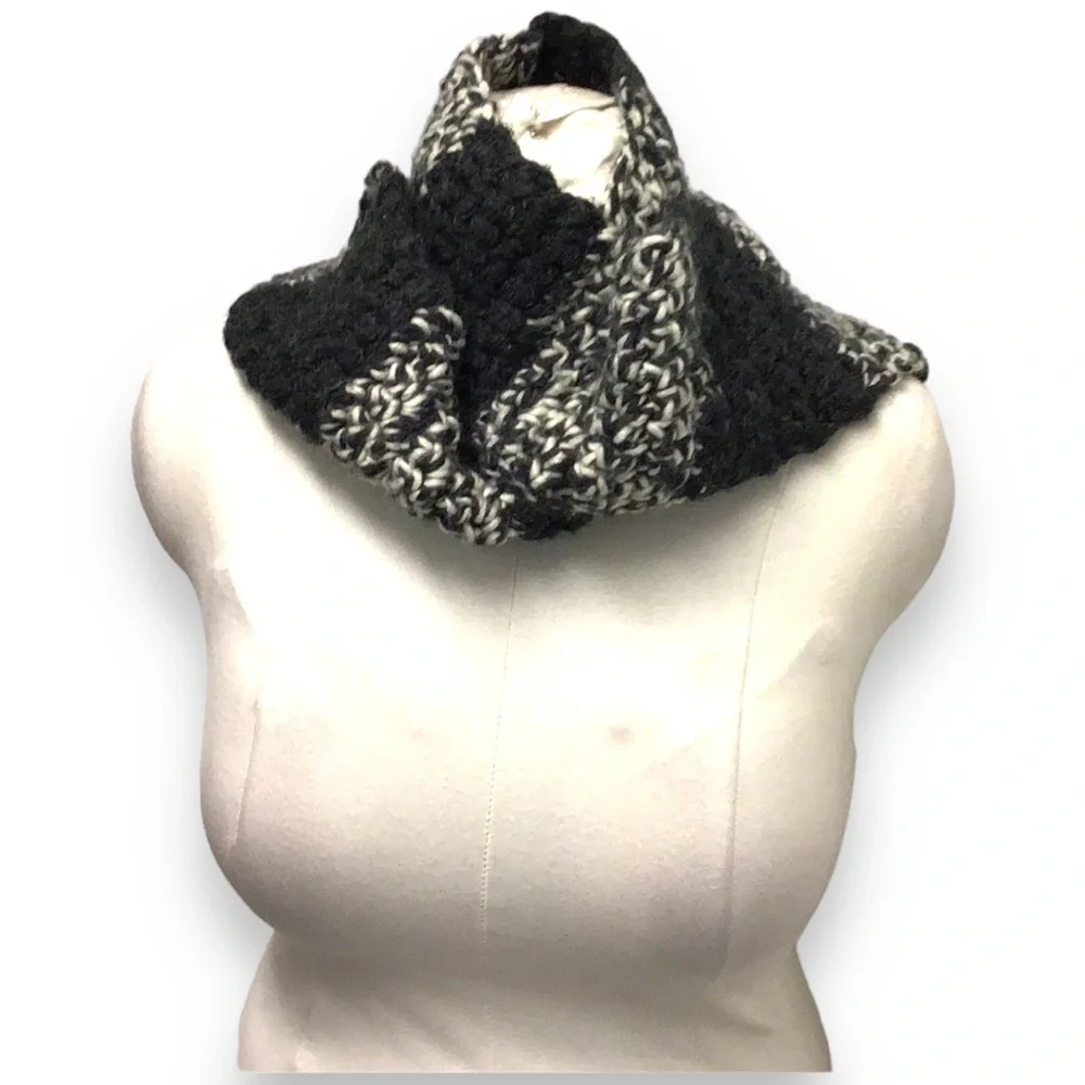 Handmade Unisex Crochet Long Scarf with Tassel Fringe, Charcoal & Ivory, OSFA